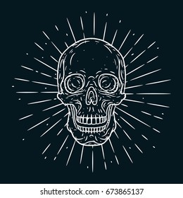 Hand drawn vector illustration with human skull. Used for poster, banner, t-shirt print, bag print, badges and logo design