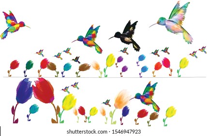 Hand drawn vector illustration of hummingbird with flowers in many colors