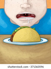 A hand drawn vector illustration of a hungry face drooling over a delicious taco.