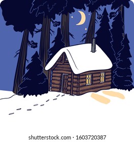 Hand drawn vector illustration of a hut in a winter forest at night