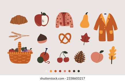 hand drawn vector illustration of hygge autumn holiday vibe sticker pack. Cute vacation elements doodle