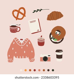 hand drawn vector illustration of hygge autumn holiday vibe sticker pack. Cute vacation elements doodle