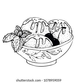 Hand drawn vector  illustration of ice cream  balls in ceramic bowl with topping, cherry and mint leaves. Isolated on white background.  