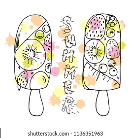 Hand drawn vector illustration with ice Cream. Summer sketch. 