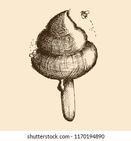 Hand Drawn Vector Illustration. Ice cream on a stick in the form of shit. Flies fly