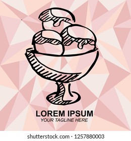 Hand Drawn Vector Illustration of Ice Cream Food Dessert for Summer with Rose Gold Pink Background. Doodle, Sketch, Ink, Brush for Template, Icon, Logo.