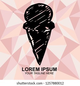 Hand Drawn Vector Illustration of Ice Cream Food Dessert for Summer with Rose Gold Pink Background. Doodle, Sketch, Ink, Brush for Template, Icon, Logo.