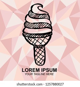 Hand Drawn Vector Illustration of Ice Cream Food Dessert for Summer with Rose Gold Pink Background. Doodle, Sketch, Ink, Brush for Template, Icon, Logo.