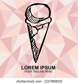 Hand Drawn Vector Illustration of Ice Cream Food Dessert for Summer with Rose Gold Pink Background. Doodle, Sketch, Ink, Brush for Template, Icon, Logo.