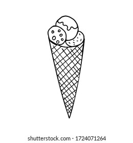 Hand drawn vector illustration of ice cream cone. Doodle style. Minimalism art, linear ink pen drawing. Single object, isolated black on white background.