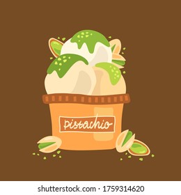 Hand drawn vector illustration of ice cream with pistachios in a cup. Food illustration for poster and kitchen design. Cartoon style illustration.