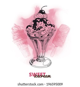 Hand drawn vector illustration with ice Cream. Vintage. Sketch. Watercolor. 