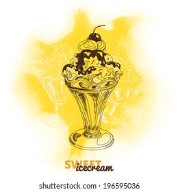 Hand drawn vector illustration with ice Cream. Vintage. Sketch. Watercolor. 