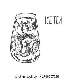Dibujo manual vectorial de té helado con limón. Té frío, cóctel de verano fresco. Imágenes aisladas para diseño, empaque, menú 