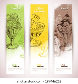 Hand drawn vector illustration with ice Cream. Banner set. Vintage. Sketch. Watercolor.