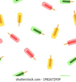 Hand drawn vector illustration of ice cream or frozen juice popsicle in bright colors. Seamless pattern