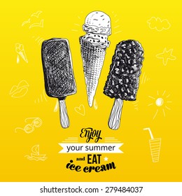 Hand drawn vector illustration with ice Cream. Vintage. Sketch. 
