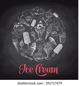 Hand drawn vector illustration with ice cream. Sketch. Chalkboard