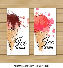 Hand drawn vector illustration with ice Cream. Flyer/poster/ Banner set. Sketch. Watercolor.