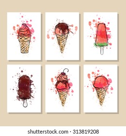 Hand drawn vector illustration with ice Cream. Flyer/poster/ Banner set. Sketch. Watercolor.