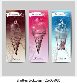 Hand drawn vector illustration with ice Cream. Banner set. Vintage. Sketch. Template Vector.