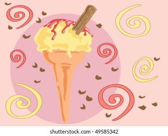 hand drawn vector illustration of an ice cream cone with chocolate on a pink background