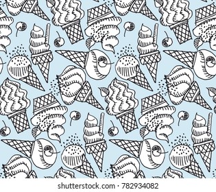 Hand drawn vector illustration of ice cream. Seamless black and white pattern with different ice cream for surface design, fabric, wrapping paper. cartoon hand drawn food. sweet vector greeting card.