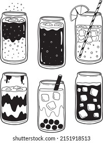 Ilustración de vectores dibujados a mano de un conjunto de bebidas heladas de 6