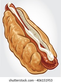 Hand drawn vector illustration of an Icelandic Hot Dog sandwich with sausage in bun and mayonnaise topping.