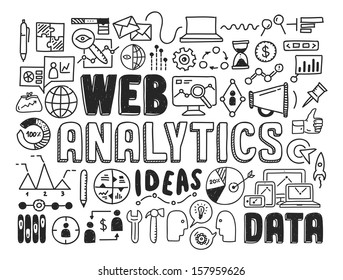 Hand drawn vector illustration icons set of web analytics and ideas in optimization of website search information doodles elements. Isolated on white background