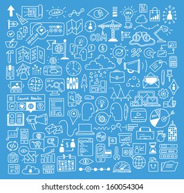 Hand drawn vector illustration icons set of business strategy, brainstorming and website development doodles elements. Isolated on bright blue background.