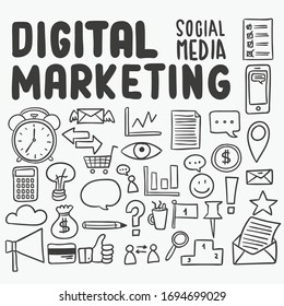Hand drawn vector illustration icons set of digital marketing and media strategy doodles elements.