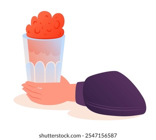 Hand drawn vector illustration. Image of a hand holding an unusual bright drink, fruit or vegetable smoothie, milkshake, or glass of ice cream.