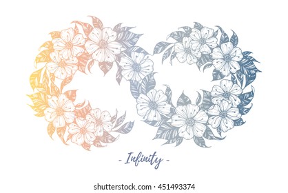 Hand drawn vector illustration - infinity sign with flowers and leaves. Perfect for invitations, greeting cards, quotes, tattoo, textiles, blogs, posters etc.