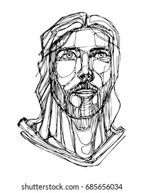 Hand drawn vector illustration or ink drawing of Jesus Christ Face