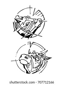 Hand drawn vector illustration or ink drawing of some cow heads