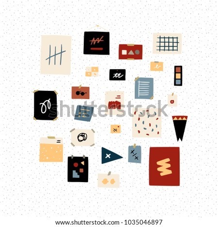 Hand drawn vector illustration of Inspiration wall art on polka dots wall background.mood board.Creative Workspace wall. 