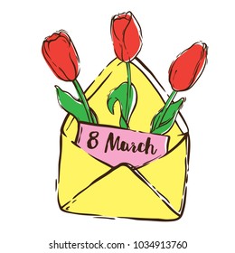 Hand Drawn Vector Illustration for International Woman's Day. Red Tulips in Yellow Envelope. Flowers by March 8