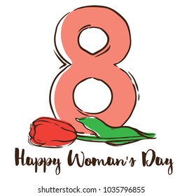 Hand Drawn Vector Illustration for International Woman's Day. Red Tulips with Number 8. Flowers by March 8