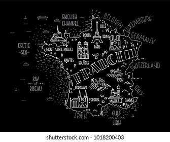 Hand drawn vector illustration. Isolated 
 map of France with doodle icons on a black background