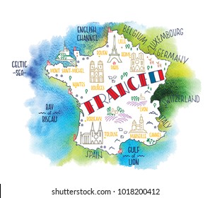 Hand drawn vector illustration. Isolated colorful map of Netherlands with doodle icons and watercolor background