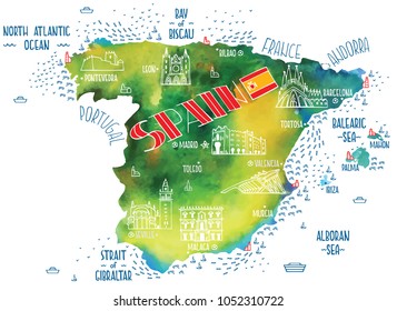 Hand drawn vector illustration. Isolated colorful map of Spain with doodle icons of main symbols of Spain and watercolor background