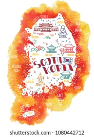 Hand drawn vector illustration. Isolated colorful map of South Korea with doodle icons of main symbols of South Korea on watercolor background