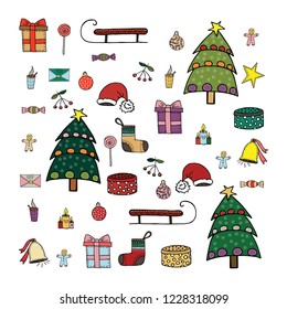Hand drawn vector illustration isolated on white background. Christmas elements set. Festive banner. Illustration of Christmas, New Year design on white background.  EPS10