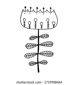 Hand drawn vector illustration isolated on white background. Graphic flowers and herbal elements in doodle style for cards, posters, stickers and professional design. EPS 8.