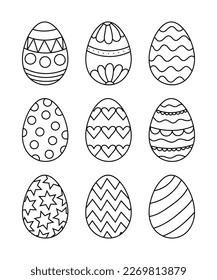 Hand drawn vector illustration isolated on white background. Easter eggs coloring page for children.