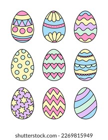 Hand drawn vector illustration isolated on white background. Set of 9 Easter eggs in pastel colors.