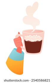Hand drawn vector illustration isolated on white background of hand in bright cozy sweater holding coffee drink. Latte with foam, cappuccino or cocoa. Steam from a hot drink rises above glass cup.