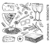 Hand drawn vector illustration - Italian food ( Different kinds of pasta; pizza, olives, tomato, basil, lasagna, wine, cheese). Design elements in sketch style. Perfect for menu, cards, blogs, banners