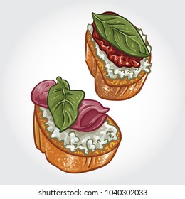 Hand drawn vector illustration of Italian crostini appetizers with ham, cheese, tomato and basil leaf on toasted bread.